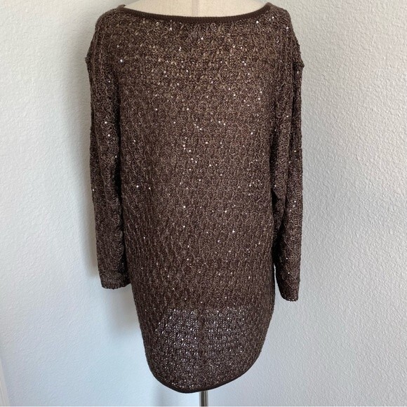 Nicole Alexander Sequin V Neck Lightweight Basket Weave Knit Sweater Brown SZ XL - Picture 4 of 7